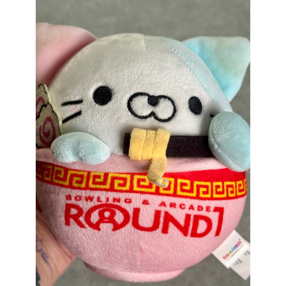 Round 1 Bowling & Arcade Cat in Ramen Bowl Plush Takashoji Pink White 6"